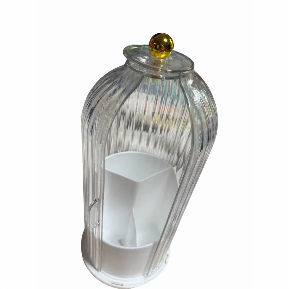 Clear Ribbed Makeup Organizer Jar with Lid Gold Knob 3-Compartment Insert